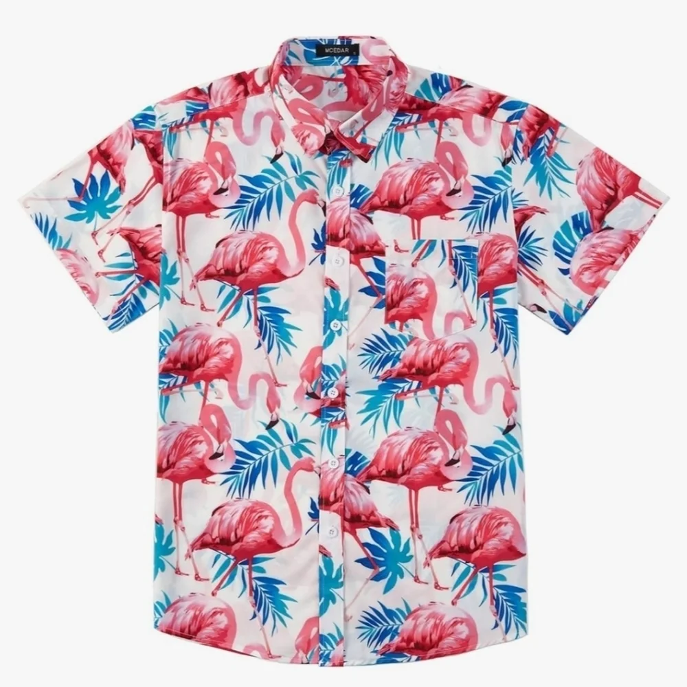 MCEDAR 2 Piece Flamingo Print Short Sleeve Hawaiian Shirt Suits Size 4X